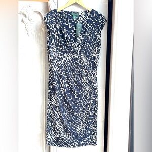 NWT Lauren Ralph Lauren Dress Sz 14 Essentials Ruched Navy White Print Cocktail